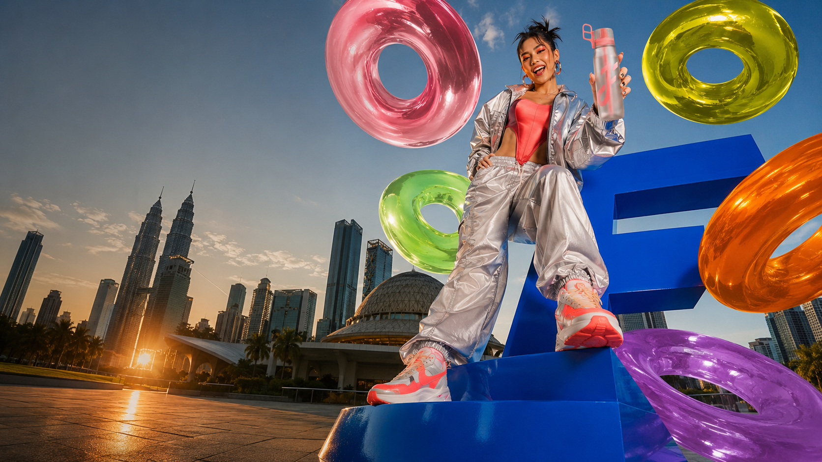 Adult fashion creator holding a coral FORA bottle in a colourful Kuala Lumpur installation