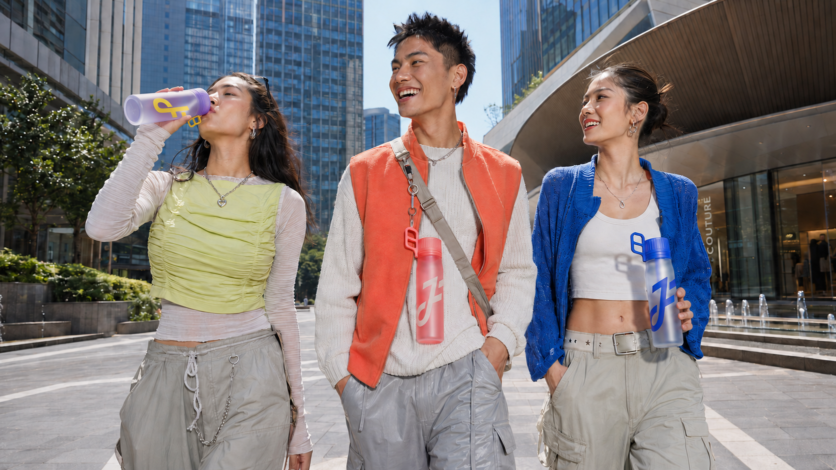 Three adult friends carrying accurately scaled FORA bottles through a modern city plaza