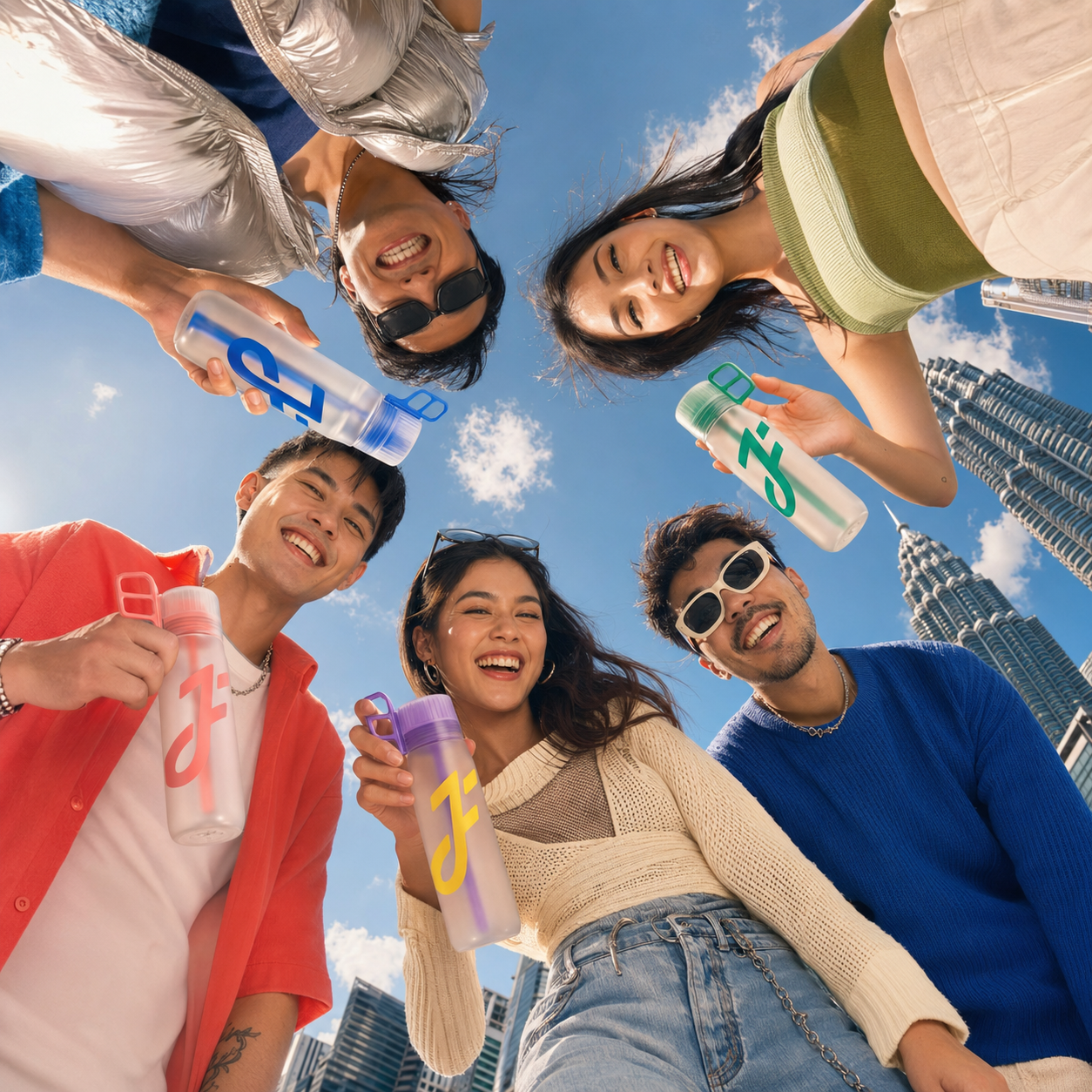 Five adult friends holding FORA bottles under the Kuala Lumpur morning sky
